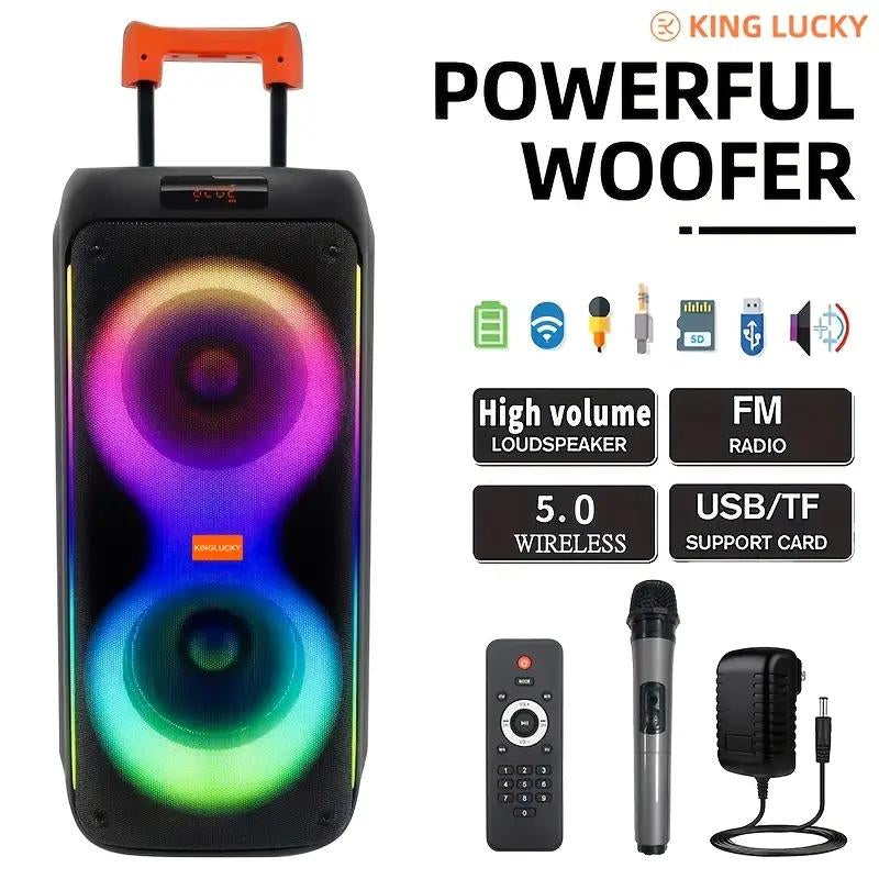 KINGLUCKY 8000W Double 8 Portable Wireless Speaker with Wireless Microphone， Subwoofer Heavy Bass with Tws Pairing, Color Pulsating Light Effect, Wireless Speaker with Karaoke Function, Suitable for Outdoor Party and Perfect for Gifts