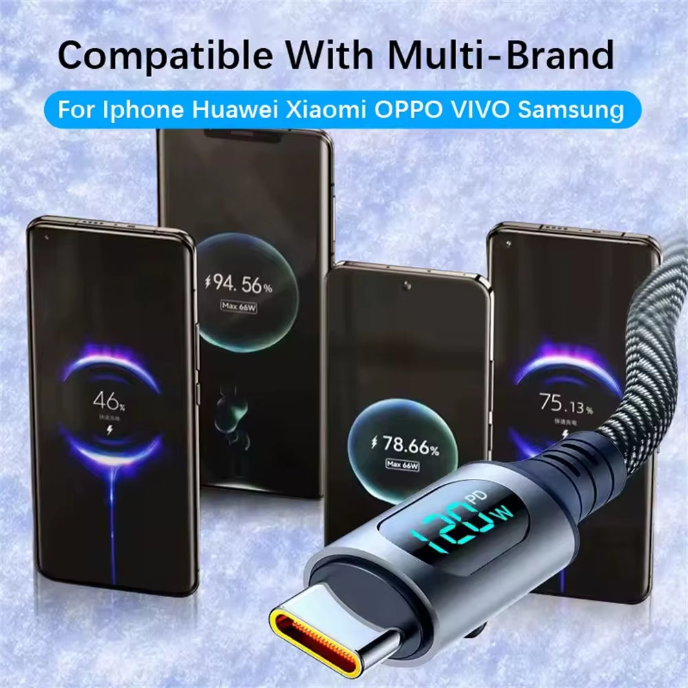 6A 120W USBA to Type C Super Fast Charge Cable Nylon Data Cord for Xiaomi POCO Samsung with Led Digital Display Cable