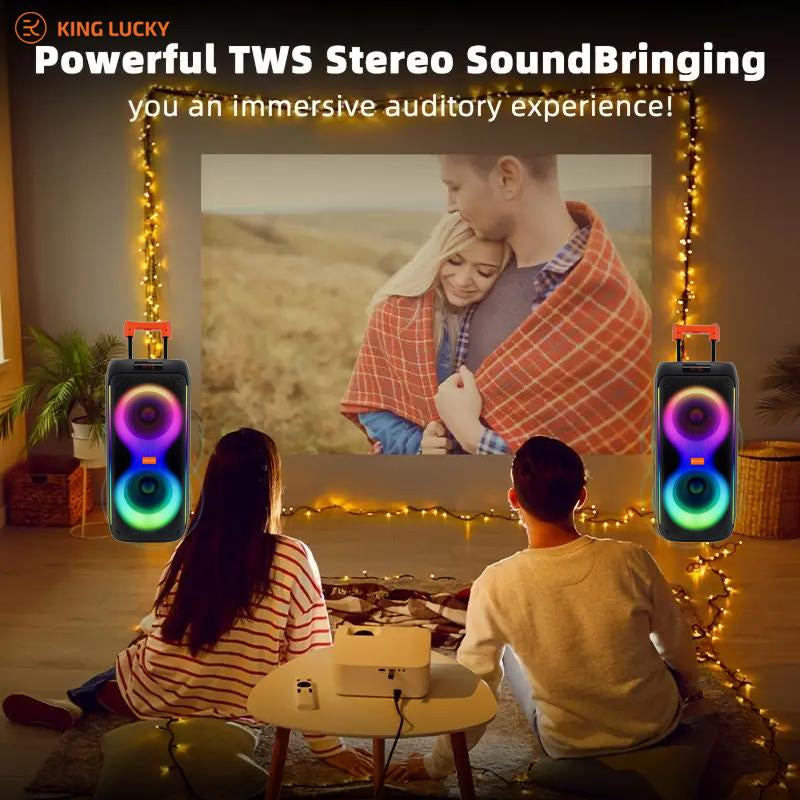 KINGLUCKY 8000W Double 8 Portable Wireless Speaker with Wireless Microphone， Subwoofer Heavy Bass with Tws Pairing, Color Pulsating Light Effect, Wireless Speaker with Karaoke Function, Suitable for Outdoor Party and Perfect for Gifts