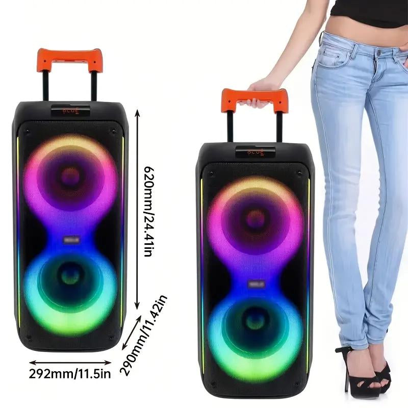 KINGLUCKY 8000W Double 8 Portable Wireless Speaker with Wireless Microphone， Subwoofer Heavy Bass with Tws Pairing, Color Pulsating Light Effect, Wireless Speaker with Karaoke Function, Suitable for Outdoor Party and Perfect for Gifts